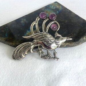 VTG Sterling Silver 925 Mexico Large 3.5" Amethyst Peacock Bird Brooch Pin 26g